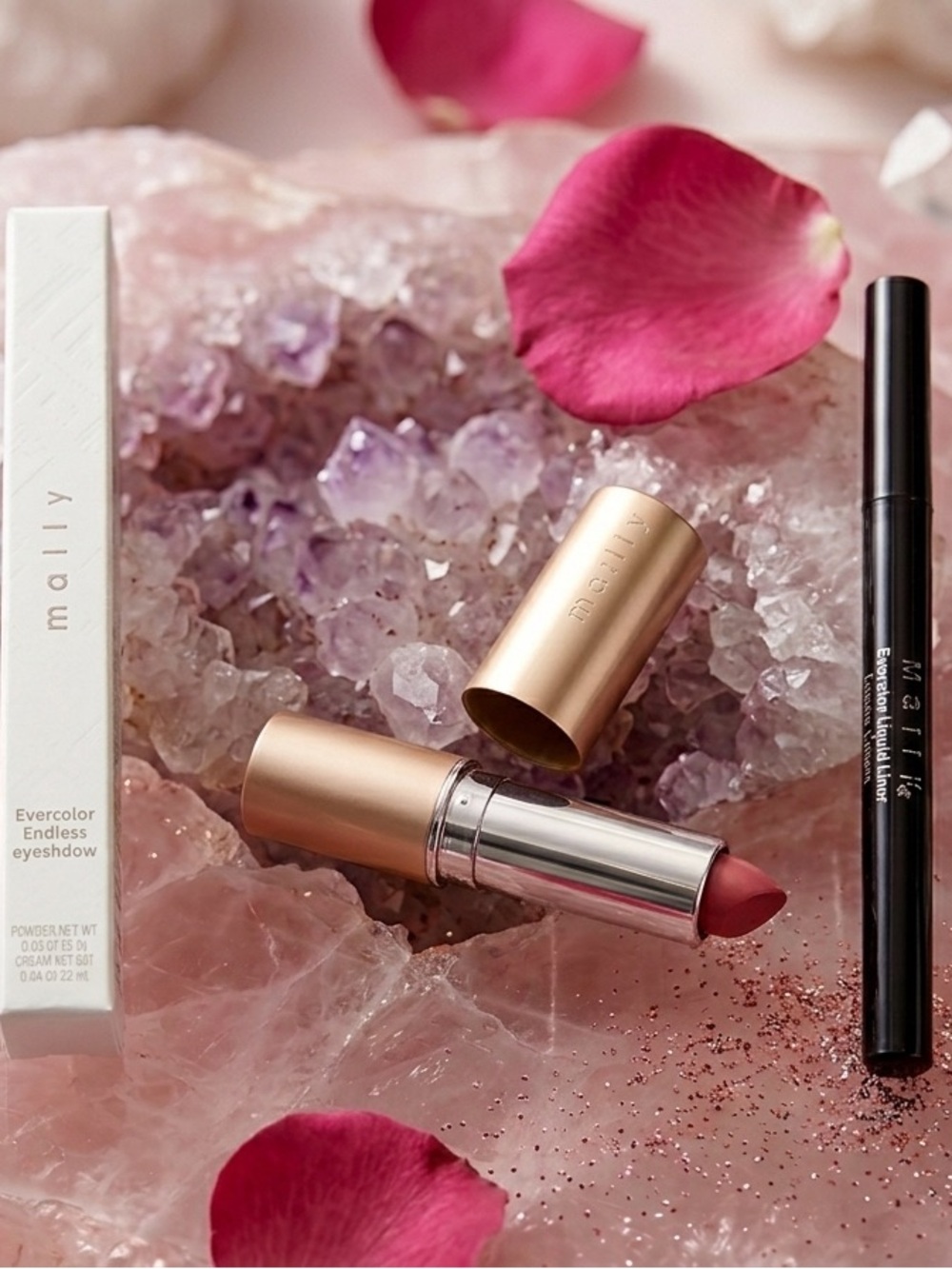 Mally Beauty Cream Lipstick - Rose Pink, black eyeliner and a crayon eyeshadow